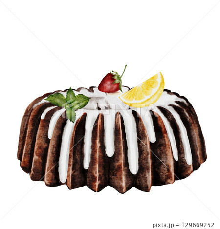 Chocolate cake watercolor. Hand drawn holiday cupcake. Clip art of pie on isolated white background. Ideal for cookbook and bakery menu 129669252