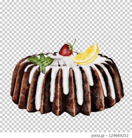 Chocolate cake watercolor. Hand drawn holiday cupcake. Clip art of pie on isolated white background. Ideal for cookbook and bakery menu 129669252