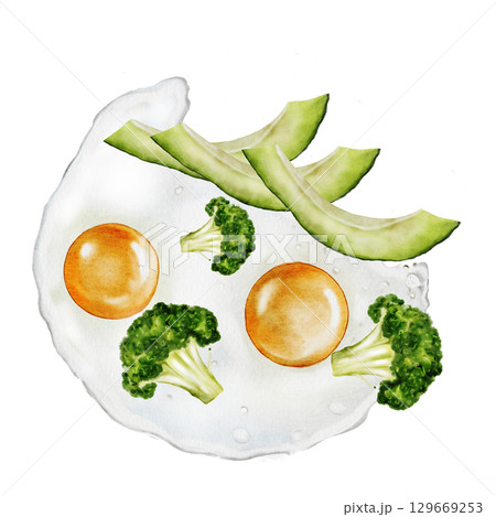 Fried eggs with avocado and broccoli watercolor. Hand drawn breakfast on isolated white background. Food illustration. Ideal for restaurant menus and nutritionist blogs 129669253