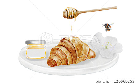 Croissant on a white plate and watercolor illustration. Hand drawn fresh french bun with honey stick and a white flower. Food clip art. Ideal for bakery prints, postcards and pastry shop posters. 129669255