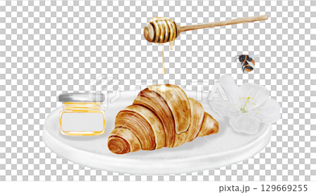 Croissant on a white plate and watercolor illustration. Hand drawn fresh french bun with honey stick and a white flower. Food clip art. Ideal for bakery prints, postcards and pastry shop posters. 129669255