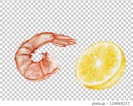 Shrimp and lemon watercolor. Hand drawn crustacean on isolated white background. Food clip art. Ideal for restaurant menus, product packaging and cookbook design 129669257