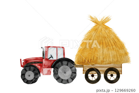 Tractor with cart and haystack watercolor painting. Hand drawn red tractor with hay on isolated white background. Country style clip art. Ideal for educational cards and posters 129669260