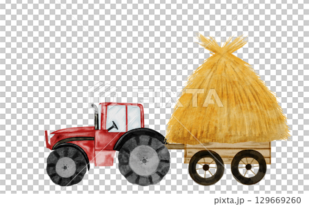 Tractor with cart and haystack watercolor painting. Hand drawn red tractor with hay on isolated white background. Country style clip art. Ideal for educational cards and posters 129669260