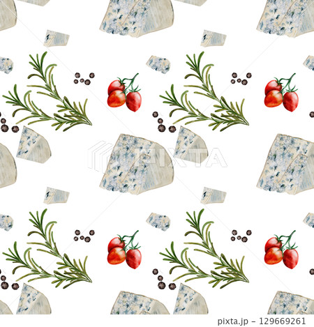 Cheese watercolor pattern. Hand drawn illustration Dor Blue or Roquefort. Clip art of food on white background. Ideal for packaging of farm organic product or restaurant menu design 129669261