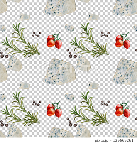 Cheese watercolor pattern. Hand drawn illustration Dor Blue or Roquefort. Clip art of food on white background. Ideal for packaging of farm organic product or restaurant menu design 129669261