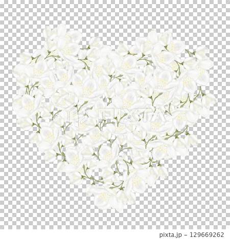 Jasmine white flower watercolor frame. Hand drawn bud delicate in the shape of a heart. Clip art botanical on white background. Ideal for logo of tea and aromatic products from jasmine 129669262