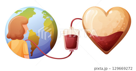 concept for world donor day, heart with blood, transfusion for the whole planet 129669272