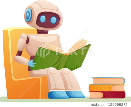 artificial intelligence robot learns from books while sitting on a chair 129669275