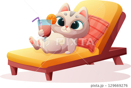 cute gray cat on a chair with a cocktail in the summer relaxing 129669276