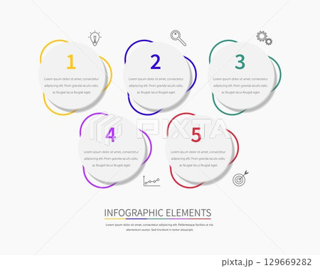 5 circles vector infographic. Flat infographics template. Creative process chart template. Vector illustration. 5 circles vector infographic. Flat infographics template. Creative process chart template. Vector illustration. 129669282