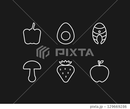 Linear style food icons. Set of health food symbols. Minimalistic vegetable fruit fish berry mushroom signs. Vector illustration. 129669286
