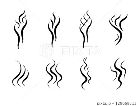 Set of smoke, aroma, smells icons. Symbols, logos cooking steam odour, fume of flame, stink, vapor in minimal style. Signs of glasses of hot drinks. Hand drawn vector illustration. Set of smoke, aroma, smells icons. Symbols, logos cooking steam odour, fume of flame, stink, vapor in minimal style. Signs of glasses of hot drinks. Hand drawn vector illustration. 129669313