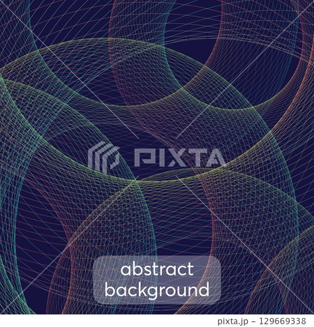 Colorful overlay mesh circles on dark blue background. Used for cover, publications, web design and other works. Vector illustration. 129669338