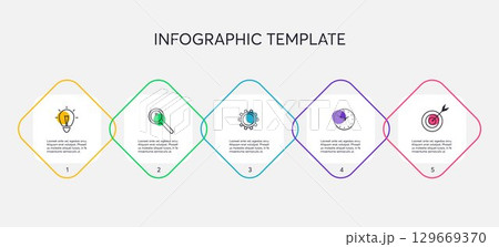 Vector infographic design template with icons and 5 options, steps or processes. Flat infographics business concept for presentation, process diagram, report, workflow, strategy. 129669370