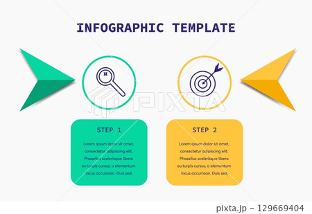 2 steps infographic. Flat infographics template. Concept with 2 steps options or processes. Business data visualization. Vector illustration. 2 steps infographic. Flat infographics template. Concept with 2 steps options or processes. Business data visualization. Vector illustration. 129669404