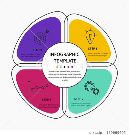 4 steps business infographic. Flat colorful infographics template. Can be used as process diagram workflow strategy. Vector illustration. 129669405