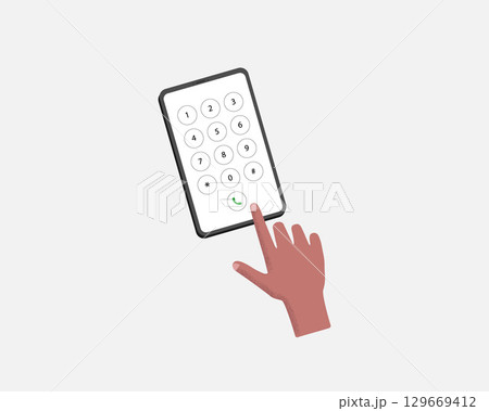 A finger touchs the samartphone screen. Phone keypad and hand. Cellphone panel with numbers. Vector Illustration. A finger touchs the samartphone screen. Phone keypad and hand. Cellphone panel with numbers. Vector Illustration. 129669412