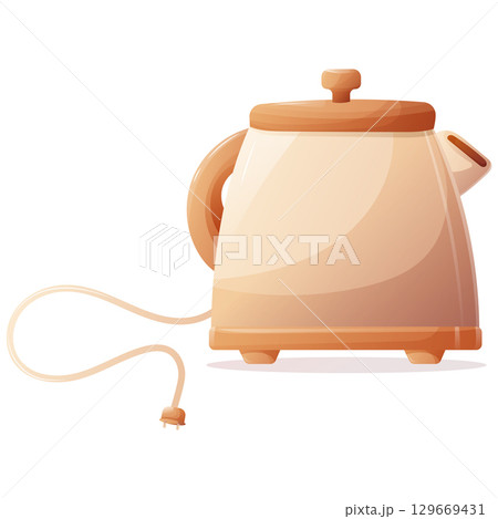 vintage beige electric kettle with cord and plug on transparent background, vector illustration vintage beige electric kettle with cord and plug on transparent background, vector illustration 129669431
