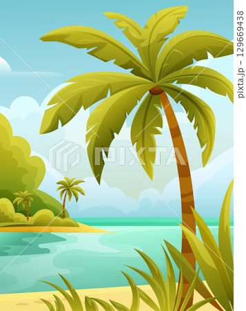 large palm tree on an island in a tropical country with sea and sky in the background large palm tree on an island in a tropical country with sea and sky in the background 129669438