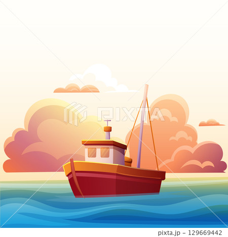 small fishing boat at sea in calm, at sunset 129669442