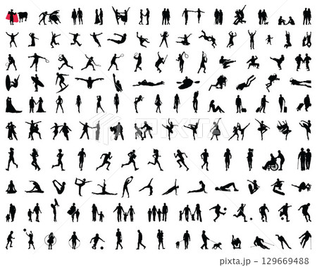 Big collection of people silhouettes on a white background 129669488