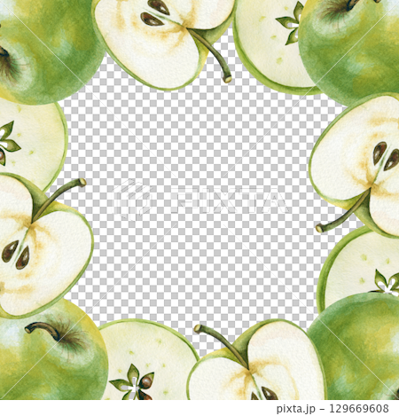 Watercolor square frame made of green Granny Smith apples. Handmade illustration, highlighted on a white background. Autumn fruit template for menus, invitations and business cards 129669608