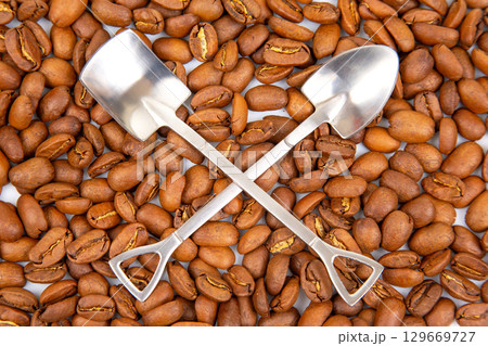 Crossed metal shovels on a bed of roasted coffee beans in a rustic setting 129669727