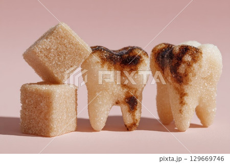 Sugar cubes beside unhealthy teeth model illustrating harmful effects of sugar consumption 129669746