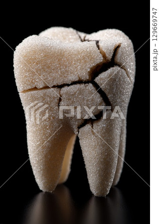 Sugar tooth illustration representing harmful effects of sugar on dental health and wellbeing 129669747