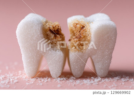 Sugar cubes shaped like teeth, showcasing harmful effects of sugar on dental health and hygiene Sugar cubes shaped like teeth, showcasing harmful effects of sugar on dental health and hygiene 129669902