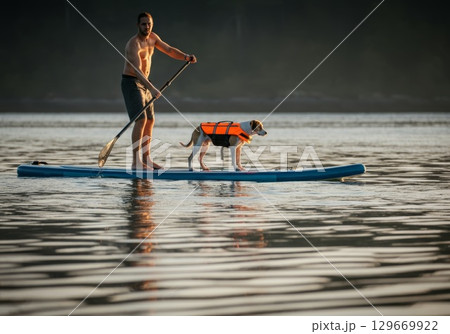 Man paddling on a stand-up paddleboard with dog wearing life jacket in calm water 129669922