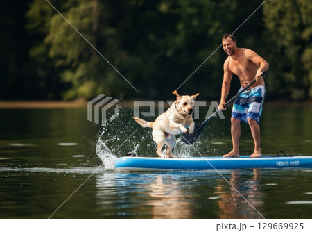 Man enjoying paddleboarding with a playful dog splashing in the water on a sunny day 129669925