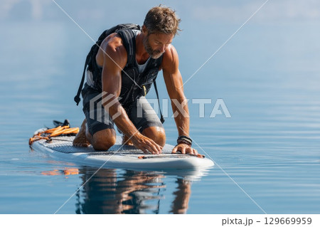 Male paddleboarder adjusting equipment on calm water surface during bright sunny day 129669959