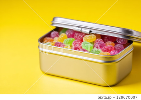 Colorful gummy candies in a silver tin container on a bright yellow background 129670007