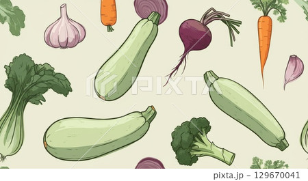 Colorful illustration of various vegetables including zucchini, carrots, and broccoli on a light background 129670041