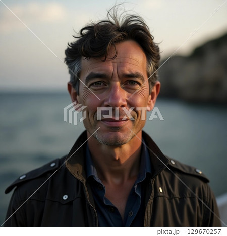 A confident man stands by the water's edge, his friendly smile reflecting the warm hues of the evening sky. Soft waves lap gently behind him, creating a tranquil atmosphere Generative AI A confident man stands by the water's edge, his friendly smile reflecting the warm hues of the evening sky. Soft waves lap gently behind him, creating a tranquil atmosphere Generative AI 129670257