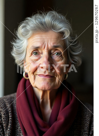 A warm and inviting expression reflects the life experiences of an elderly woman with gray hair, adorned in a rich scarf, captured in soft light. The moment conveys serenity and wisdom Generative AI 129670267