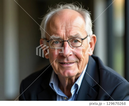 A distinguished older gentleman, wearing glasses and a suit, sits comfortably with a warm smile, embodying wisdom and character in a welcoming indoor setting Generative AI A distinguished older gentleman, wearing glasses and a suit, sits comfortably with a warm smile, embodying wisdom and character in a welcoming indoor setting Generative AI 129670268