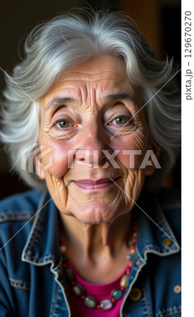 A joyful elderly woman with silver hair radiates warmth and wisdom, her gentle smile lighting up the cozy indoors Generative AI 129670270