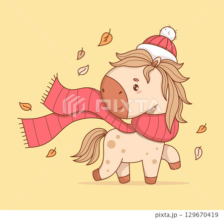Cute Little Autumn Pony in red Hat and Scarf with Falling Fall Leaves. Funny kawaii seasonal animal. Vector illustration. Kids collection. Not AI 129670419