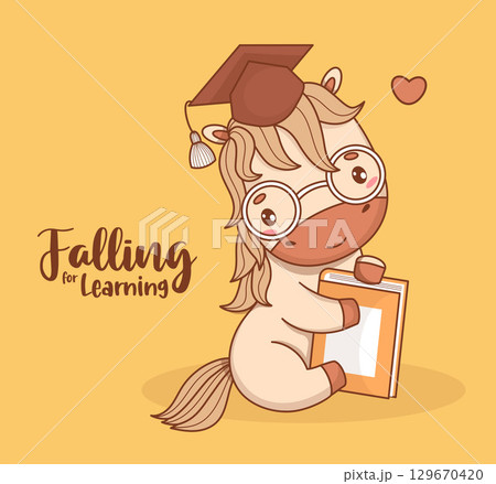 Cute Little Pony in graduation cap and glasses with book. Funny kawaii animal symbolizing education, learning, and school spirit. Vector illustration. Kids collection. Not AI 129670420
