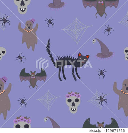 Halloween seamless pattern with spooky items, vector illustration with blue background 129671226