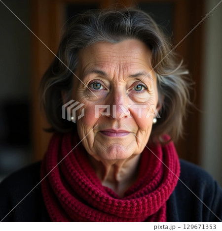 A woman with silver hair is wearing a cozy red scarf, exuding warmth and sincerity as she gazes directly at the camera. Her gentle smile reflects years of stories and experiences Generative AI 129671353