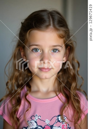 In a cozy indoor setting, a young girl with beautiful curly hair and bright blue eyes looks directly at the viewer, displaying an expression of curiosity and wonder Generative AI 129671419