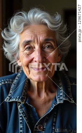 A wise woman with silver hair beams joyfully, exuding warmth and kindness Generative AI 129671427