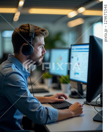 In a bright and contemporary workspace, a dedicated man wears headphones while engaging with his computer, completely immersed in his tasks. Plants add a touch of greenery Generative AI 129671548