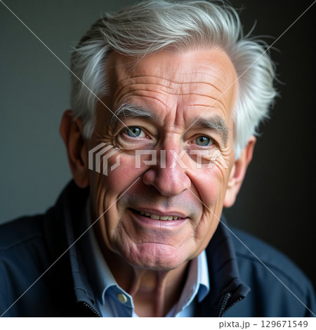 An elderly man exudes warmth and wisdom through his thoughtful gaze and gentle smile. The soft lighting enhances his features, creating an inviting and reflective atmosphere Generative AI 129671549