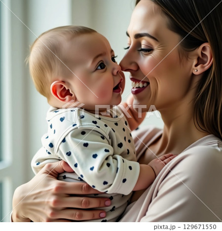 A mother lovingly holds her smiling baby close as they share a tender moment. Sunlight filters through the window, creating a cozy atmosphere filled with happiness Generative AI 129671550
