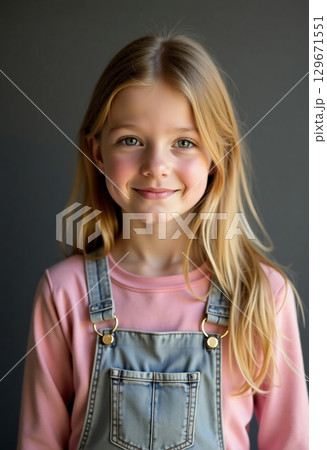 A young girl stands confidently, her long hair cascading over her shoulders. She wears a pink top with denim overalls, radiating warmth. Her gentle smile adds a sense of joy Generative AI 129671551
